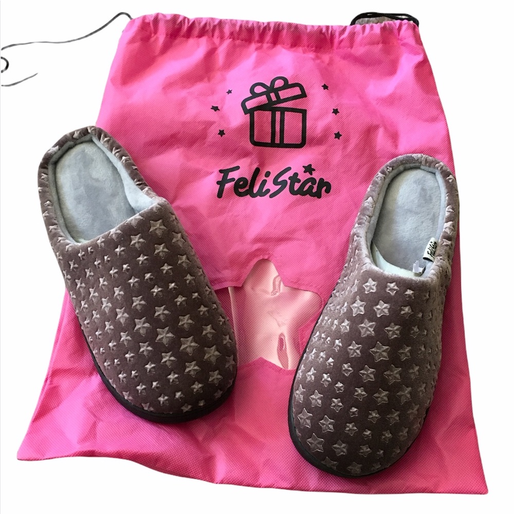 FeliStar brown slip-on slippers with Pink Carrying Bag size 6-9‎ New